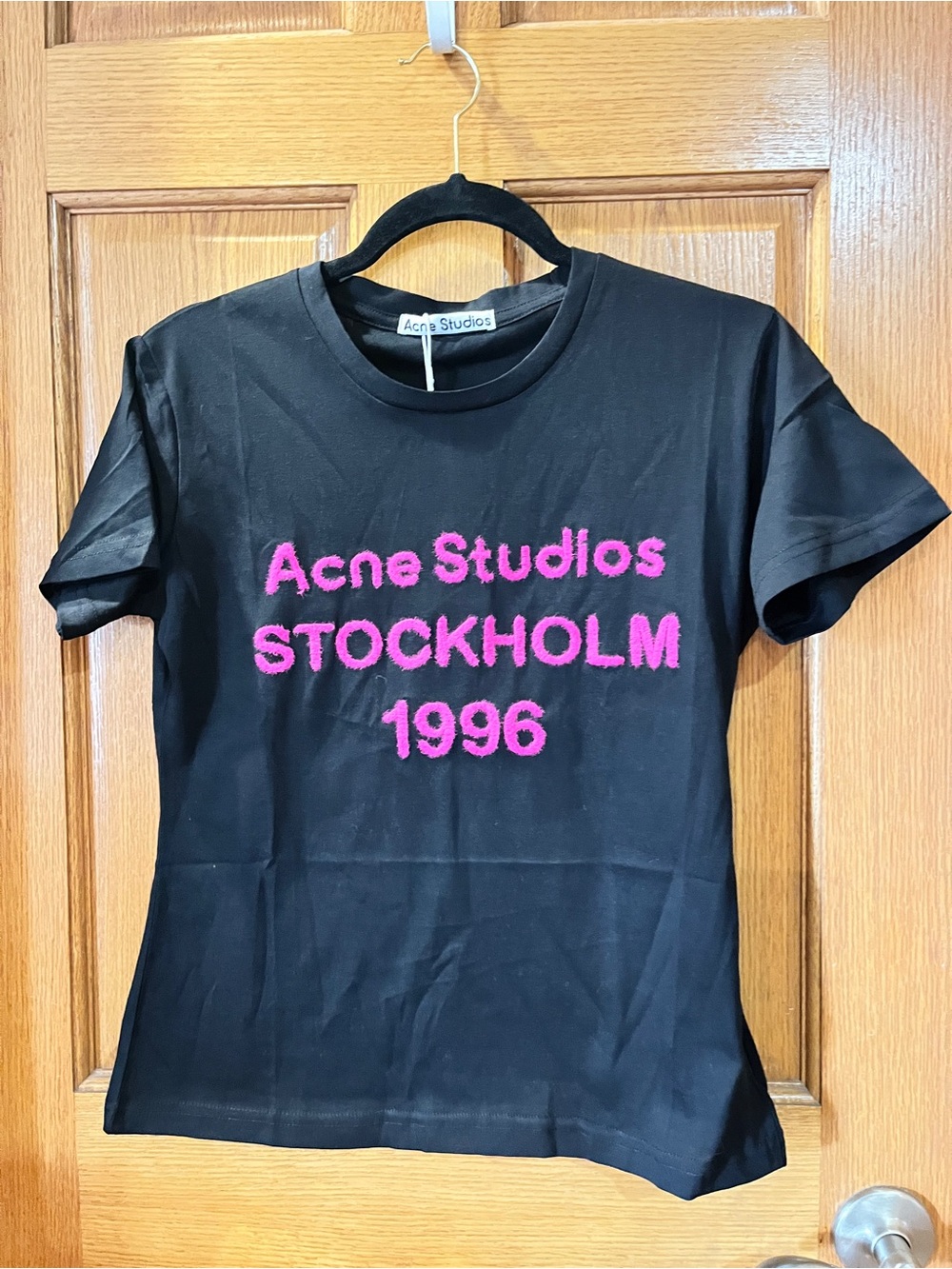 Acne Black Tee with Pink Logo